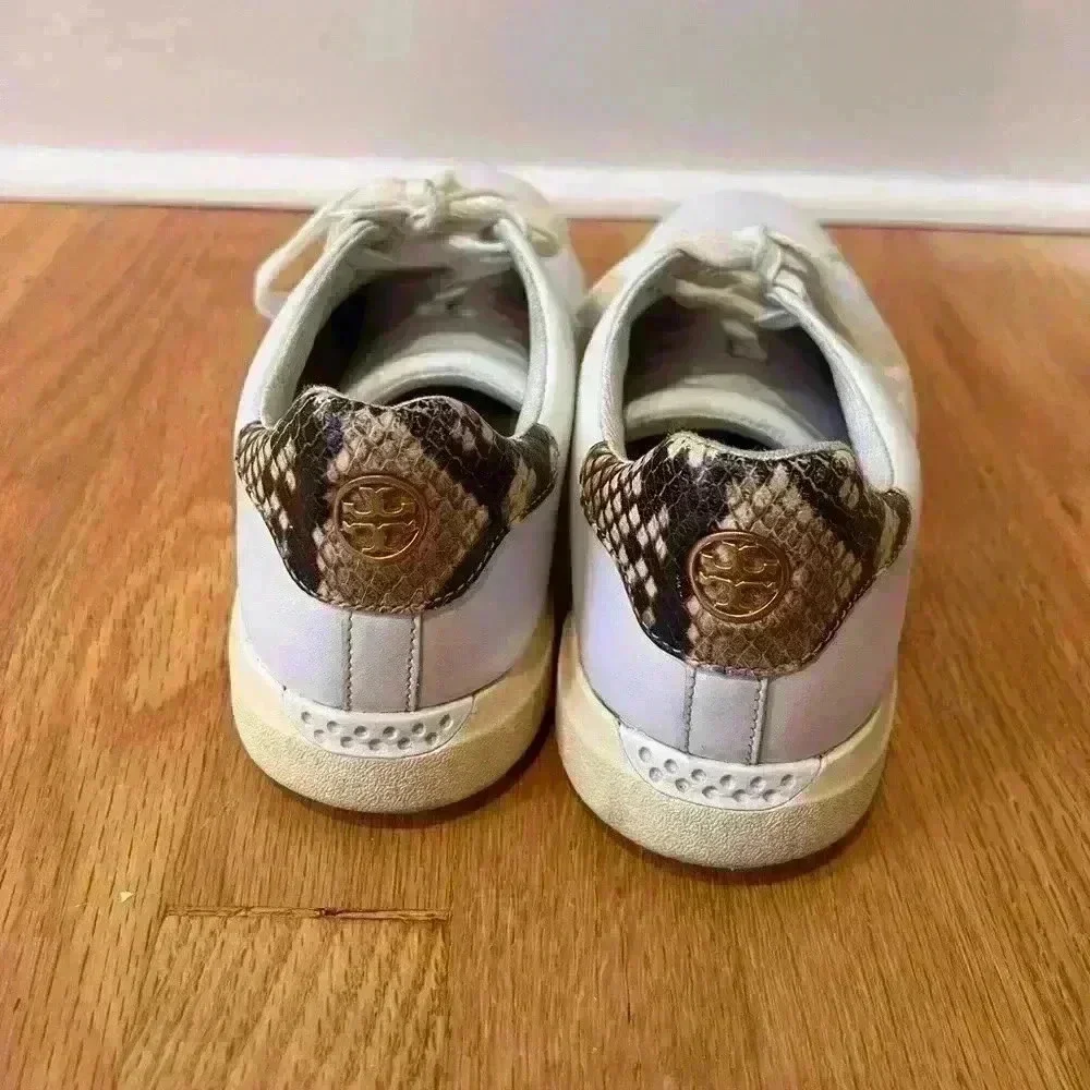 Tory Burch 8 Howell Leather Sneaker Titanium White Warm Roccia Snake Embossed